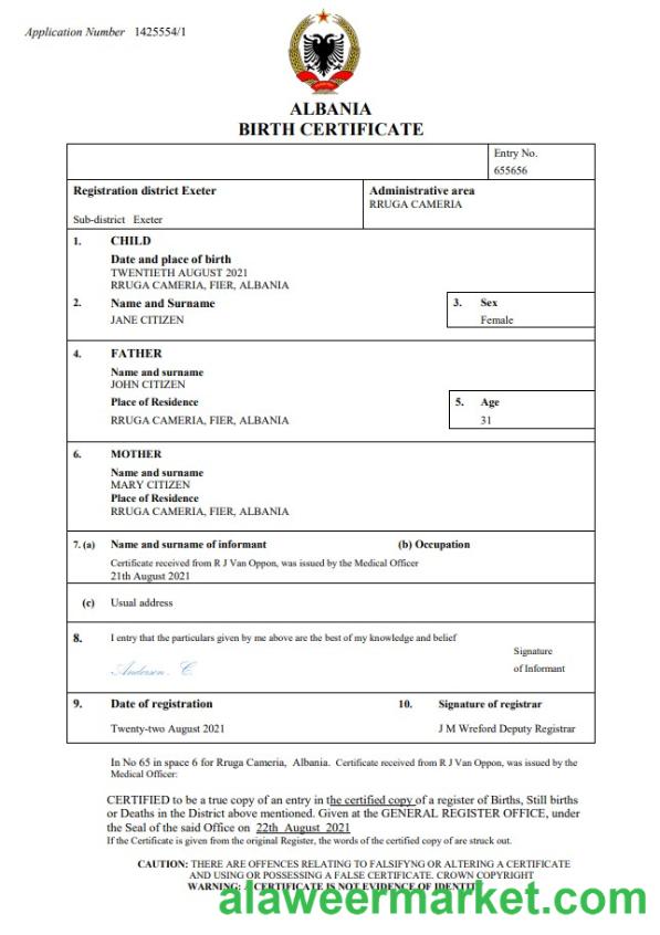 Albania birth certificate Word and PDF